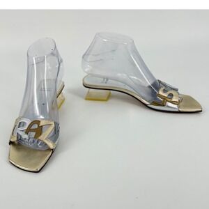 Stuart Weitzman Womens Gold Silver Leather Lucite Block Heel Slide Sandals 8N